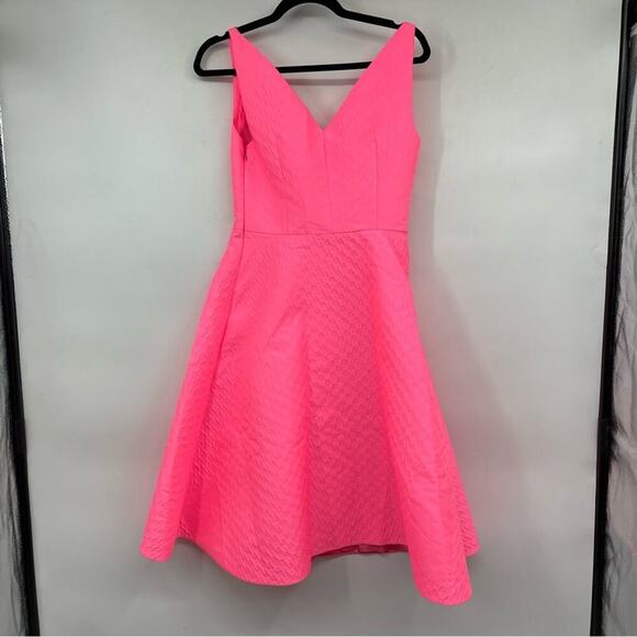 PRADA V-Neck Sleeveless A-Line Textured Dress in Neon Pink - Picture 4 of 7